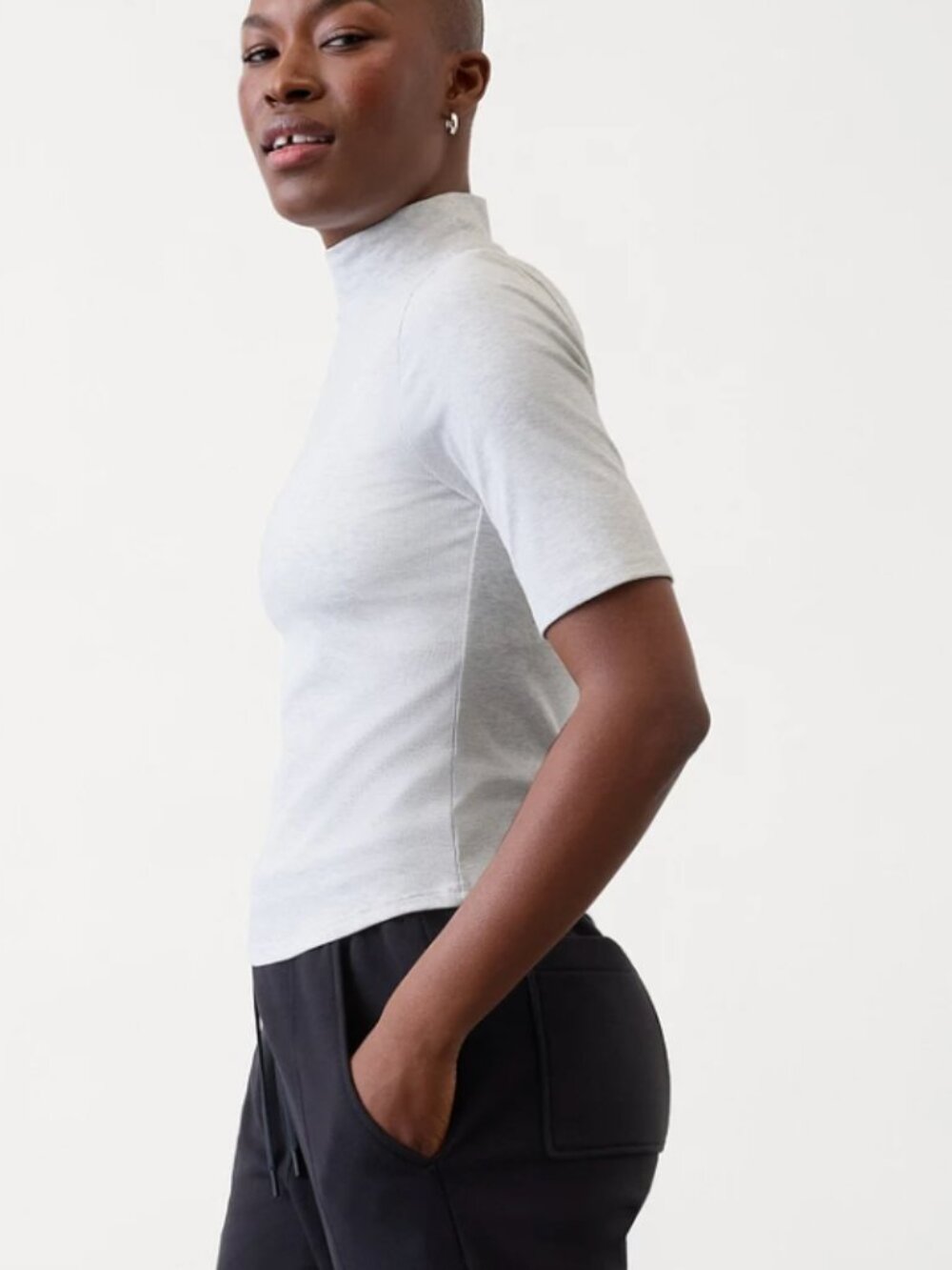 Athleta Signature Rib Mock Neck Elbow Sleeve Tee Fog Grey Heather M - Picture 4 of 6